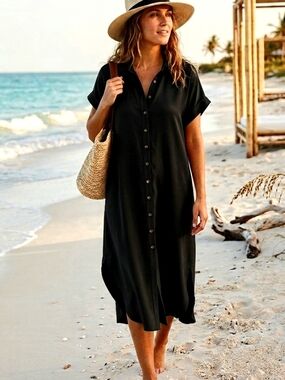 Women’s Black Button-Front Swim Cover-Up Dress